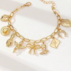 SALE 18k Stamped Gold Filled Cherub Western Bohemian Angel Charm Bracelet